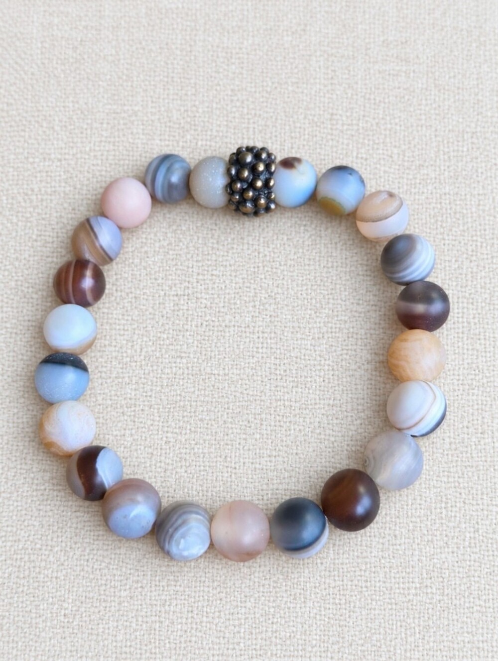 Brown Line Agate Beaded Stretch Bracelet | Handmade